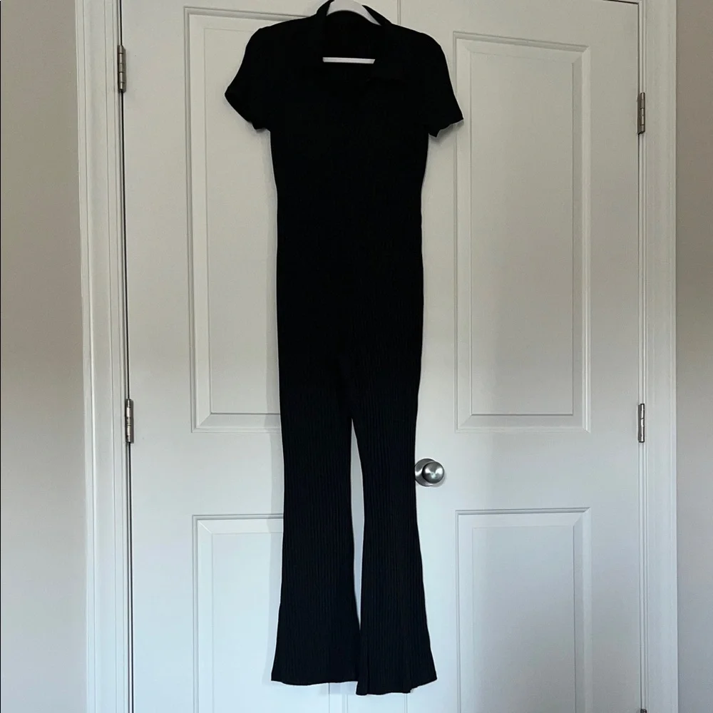 Black Ribbed Short-Sleeve Jumpsuit - Picture 1 of 3
